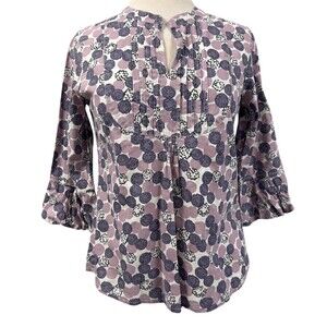 Boden Blouse Womens Size 6 Floral Pintuck CottonTunic 3/4 Sleeve Workwear